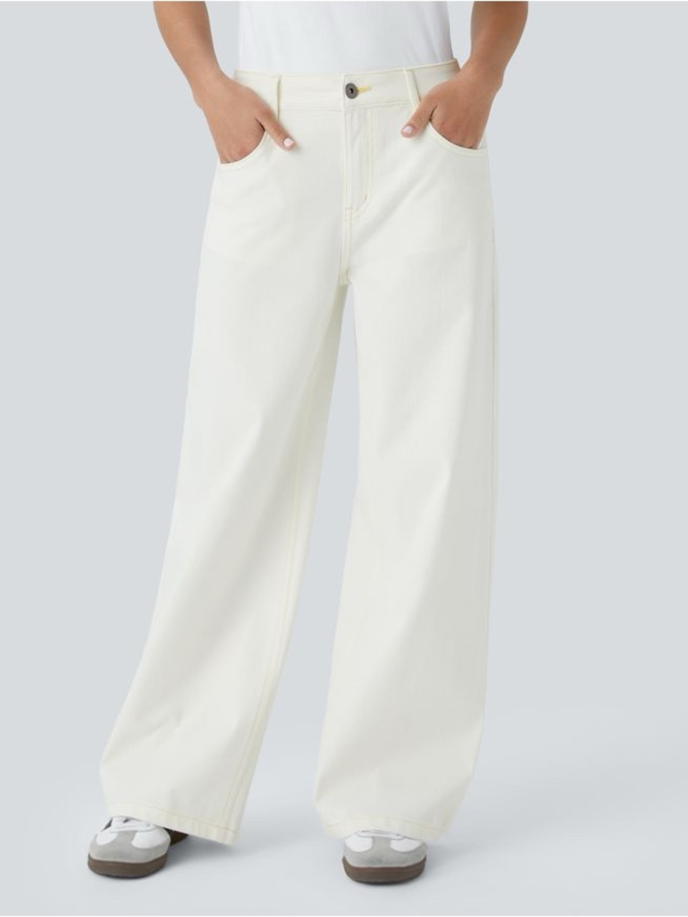 NWT Halara Flex Denim Baggy Wide Leg Jeans Ivory White Sz Medium Petite Stretch